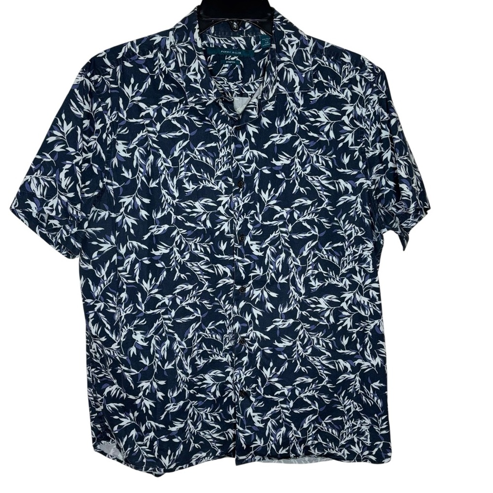Perry Ellis Blue and White Casual Button Down Shirt